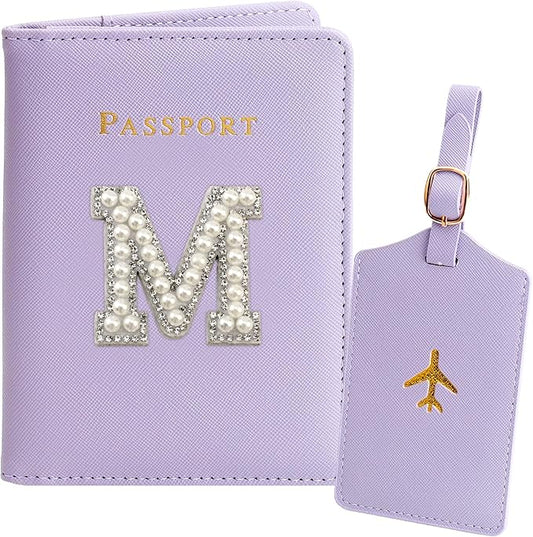 Initial Passport Holder and Luggage Tag Set Purple Personalized Leather Passport Holder Cover for Travel Women Passport Bo...