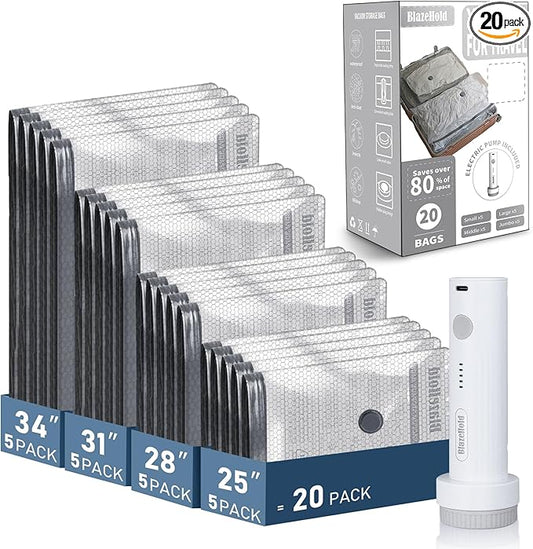 BlazeHold 20 Pack Travel Vacuum Storage Bags with Rechargeable Electric Pump, Compression Packing Seal Bag for Luggage, 5 ...