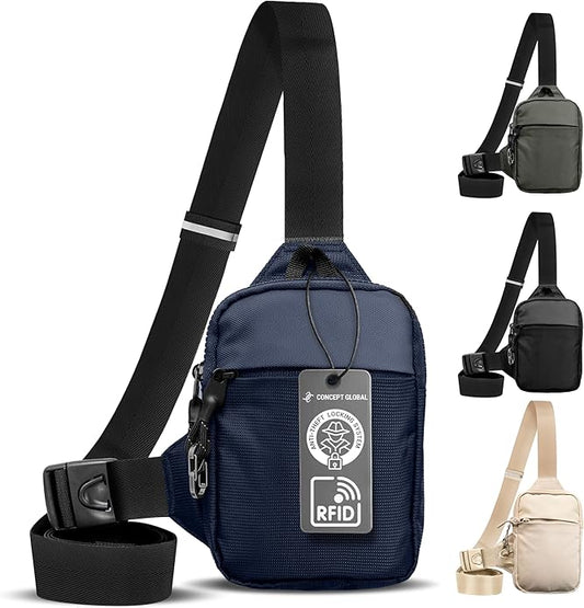 CONCEPT GLOBAL Travel Sling Bag for Men - Small Waterproof Crossbody Multipocket Chest Bag with Anti-Theft & RFID Blocking