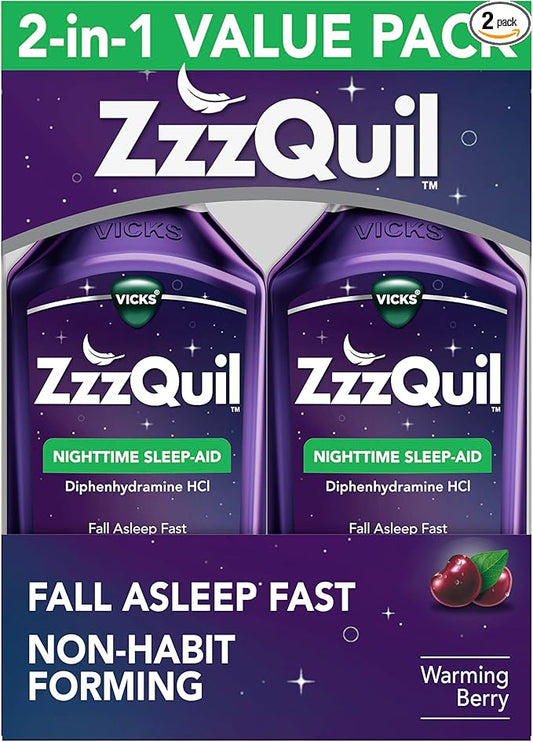 ZzzQuil, Sleep Aid, Nighttime Sleep Aid Liquid, 50 mg Diphenhydramine HCl, Fall Asleep Fast, Non-Habit Forming, Warming Be...