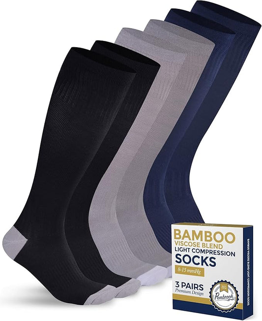 Pembrook Bamboo Viscose Light Compression Socks - 3 Pairs | 8-15 mmhg Compression Socks | Knee High Comfort Support Socks