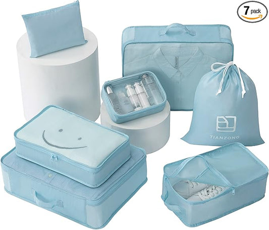 tianzong 7-piece Set Packing Cubes, Travel Bags for Luggage, Packing Organizers with Shoe Bag (Sky Blue with a Toiletry Bag)