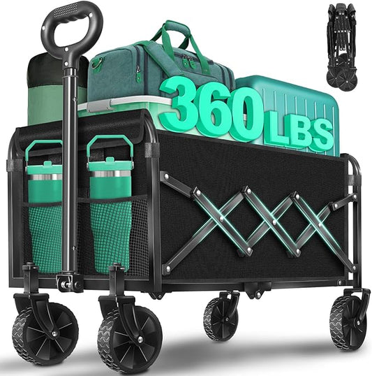 Collapsible Wagon Cart with Wheels Foldable: 360LBS Heavy Duty Folding Utility Wagon - Portable All Terrain Grocery Wagon ...
