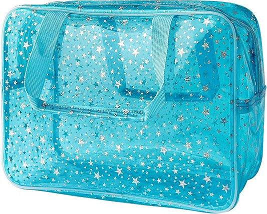 TotePrint Holographic Star Large Light Blue Makeup Cosmetic Organizer Bag and Travel Pouch with Handle,Durable Material,Zi...
