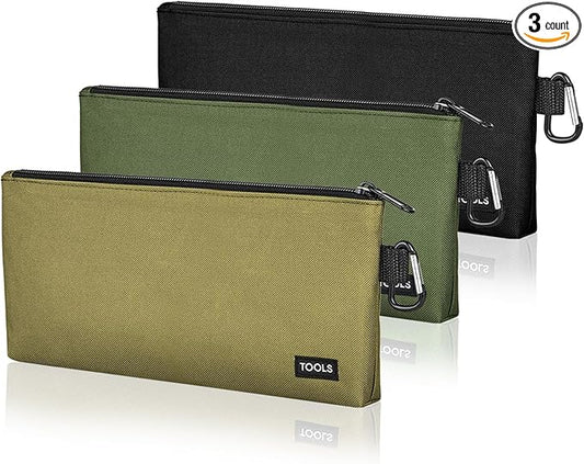 3 Pack Premium Tool Pouches Zipper Bag, Small Tools Bags with Carabiner, Heavy Duty Flat Bottom Utility Multipurpose Stora...