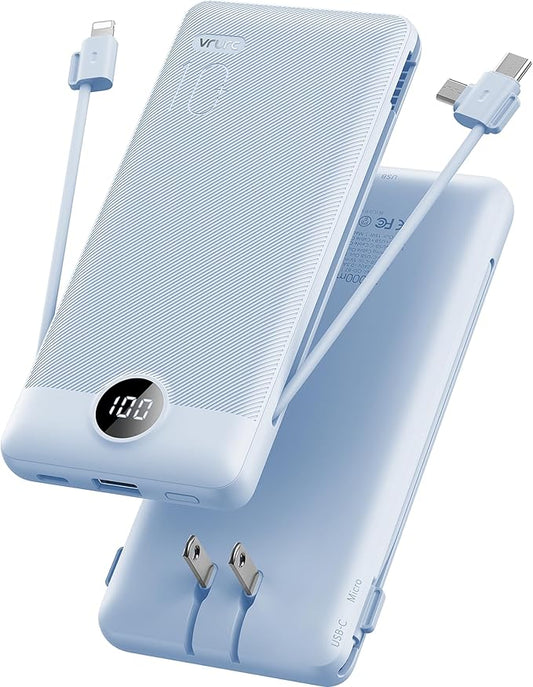 VRURC Portable Charger Built-in Cables and AC Wall Plug, USB C Power Bank 10000mAh, Travel Essentials Phone Charger Compac...