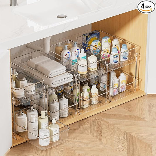 Vtopmart 4 Pack Bathroom Organizer, 2 Tier Clear Under Sink Organizers Vanity Countertop Storage Container,Cabinet Drawers...