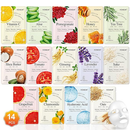 KONEUK 14 Pack Sheet Face Masks Skincare, Hydrating Face Masks Suitable for Dry Skin, Bulk Facial Mask Set for Women Skin ...