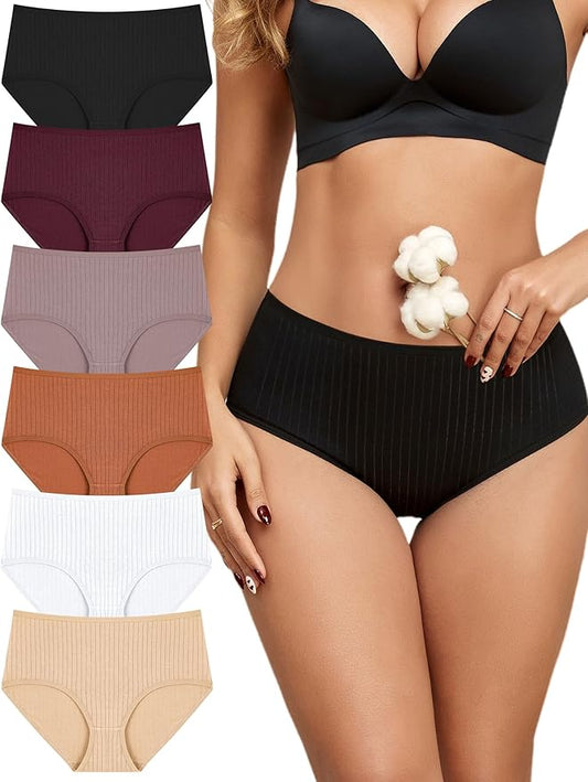 FINETOO Cotton Underwear for Women High Waisted Full Coverage Briefs Soft Breathable Moisture Wicking Ladies Panties 6 Pack
