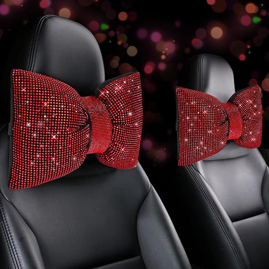 4 PCS Bling Car Pillows,Rhinestones Bowknot Car Headrest Pillow,Car Neck Pillow for Driver Relax Necksupport,Sleeping Trav...