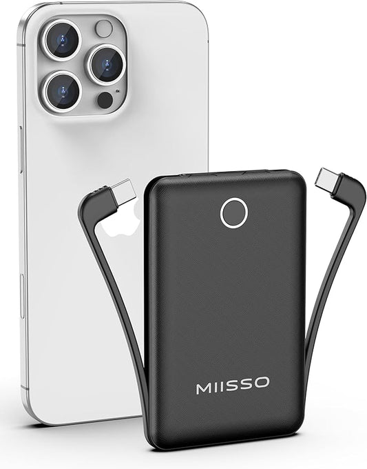 miisso 10000mAh Compatible with iPhone 15/16/17 and Android, Slim Portable Charger with Built in Cable, Power Bank Travel ...