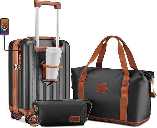 imiomo Carry on Luggage 18 Inch Suitcases with Wheels, Expandable with USB Port and Cup Holder, Hardside Travel Set with T...