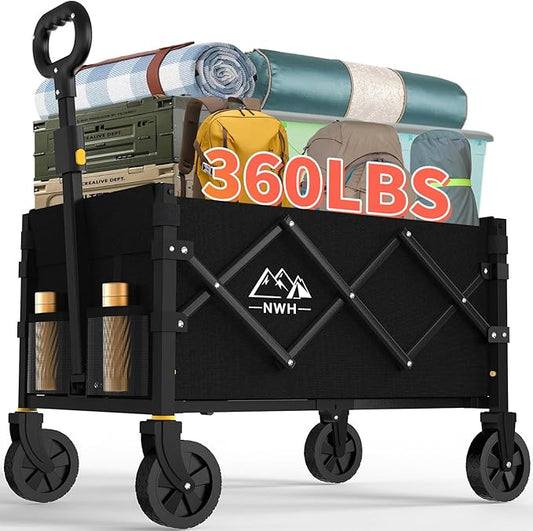 NWH Collapsible Wagon Cart with Wheels Foldable, 360lbs Large Capacity Portable Folding Utility Heavy Duty Beach Wagons Ca...
