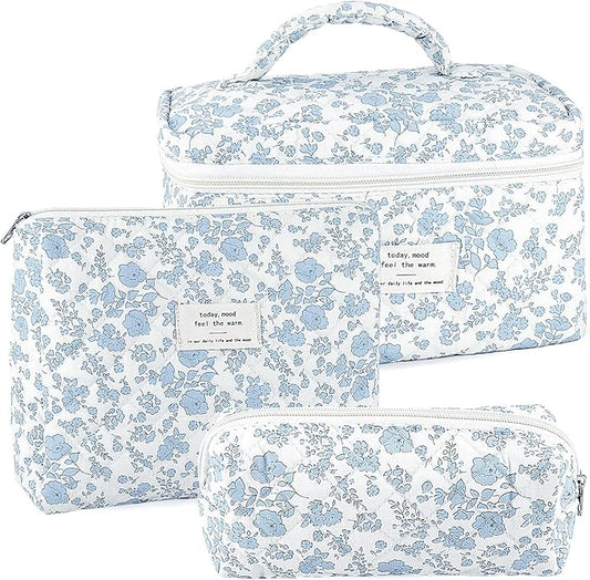URSKYTOUS 3Pcs Makeup Bag Quilted Cosmetic Bag Set Bow Travel Large Makeup Pouch for Women Cute Portable Cotton Toiletry B...