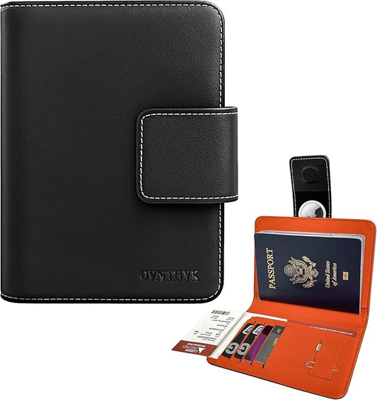 OVNTHYK Passport Holder for Travel - RFID Blocking Genuine Leather Passport Cover Travel Wallet with Hidden AirTag Pocket,...