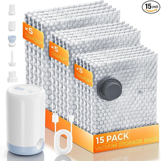 15 Pack Travel Vacuum Bags with Rechargeable Wireless Pump, Clothing Seal Organization Packing Bags, Compression Space Sav...