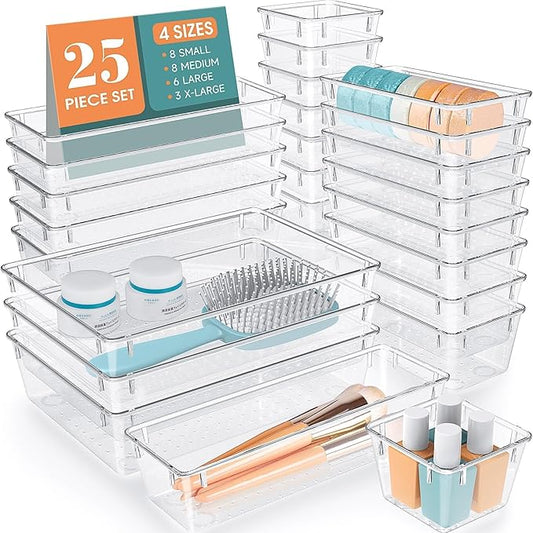 WOWBOX 25 PCS Clear Plastic Drawer Organizer Set, 4 Sizes Desk Drawer Divider Organizers and Storage Bins for Makeup, Jewe...