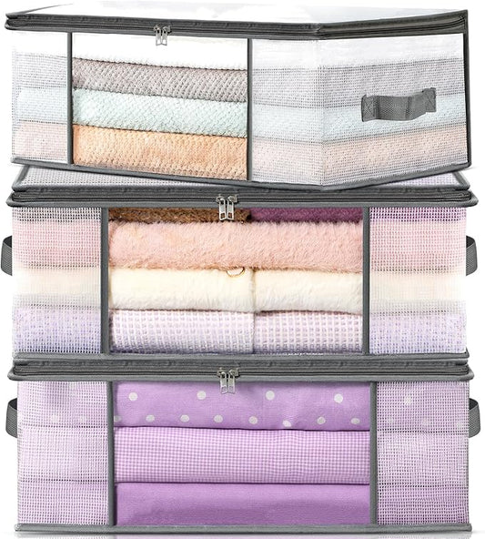 LANDNEOO 3-Pack Clothes Storage Bags, Plastic Foldable Blanket Storage bins, Closet Organizer Container for Bedroom, Beddi...