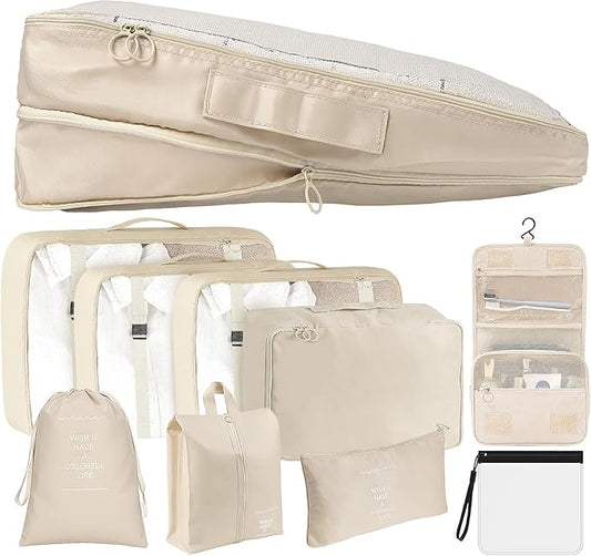 Compression Packing Cubes for Travel 9 Set, Expandable Large Luggage Packing Organizers Suitcase Organizer Cubes with Liqu...