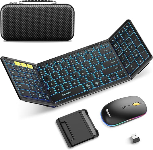 Samsers Foldable Keyboard and Mouse, Folding Bluetooth Keyboard Mouse Combo with Backlight, 2.4G + BT5.0 x 2, Full-Size Tr...