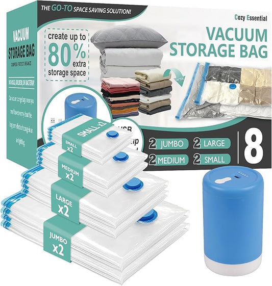 Cozy Essential 8 Pack Travel Vacuum Storage Bags with Rechargeable Wireless Electric Pump for Luggage, Suitcase, Carry-on ...
