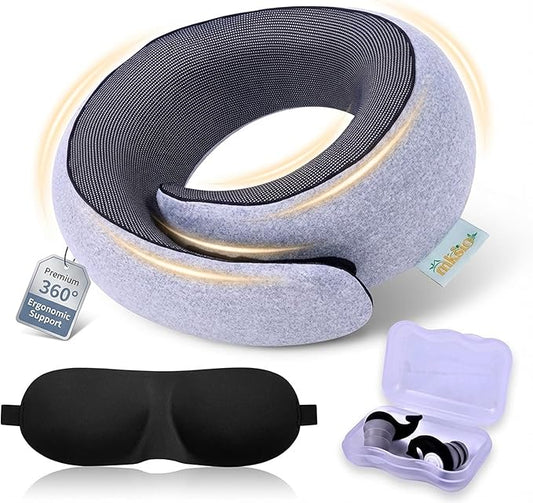 MKSIO Memory Foam Travel Neck Pillow Set with Sleep Mask & Ear Plugs, Ergonomic 360° Neck Support, Breathable Mesh Cover, ...