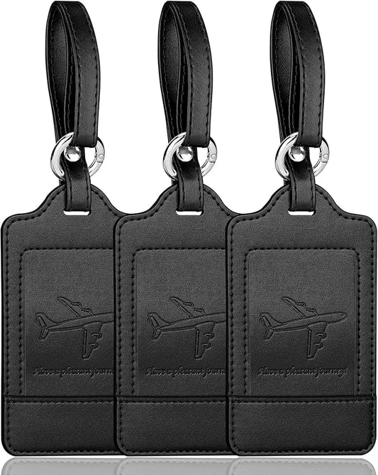 3 Pack Luggage Tags - Quick Install, Privacy Protection, Airplane Travel Essentials for Suitcases, Durable Leather - Black