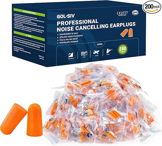 GOL-SIV 200 Pairs Foam Ear Plugs - 38dB(NRR 33dB) Noise Reduction Disposable Earplugs for Shooting, Sleeping, Work & Const...