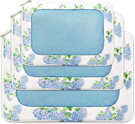 Shinylin 3 Pack Hydrangea Compression Packing Cubes for Travel 3 Size Blue Floral Clothing Bags with Mesh Window for Trave...