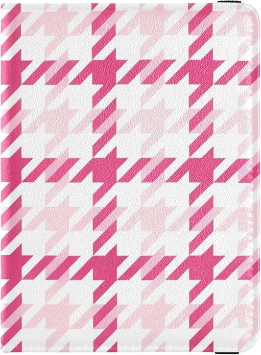 Pink Houndstooth Checkered Pattern Passport and Vaccine Card Holder Combo Passport Holder with Vaccine Card Slot, PU Leath...