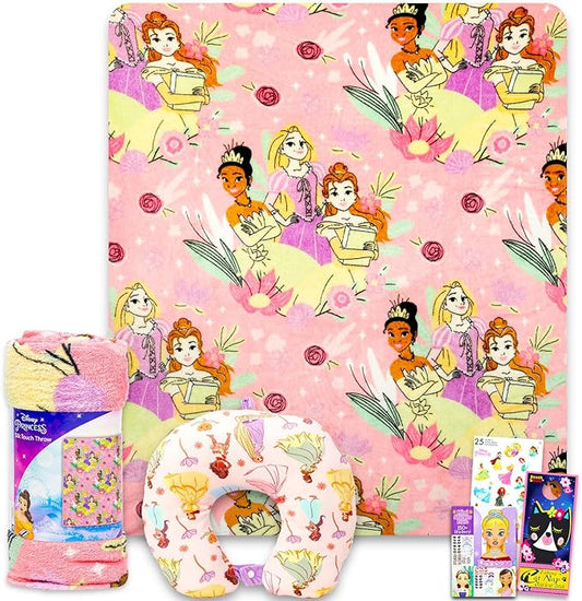 Disney Princess Travel Blanket and Pillow Set - Bundle with 40"x 50" Belle, Tiana, Rapunzel Throw Blanket, Neck Pillow, St...