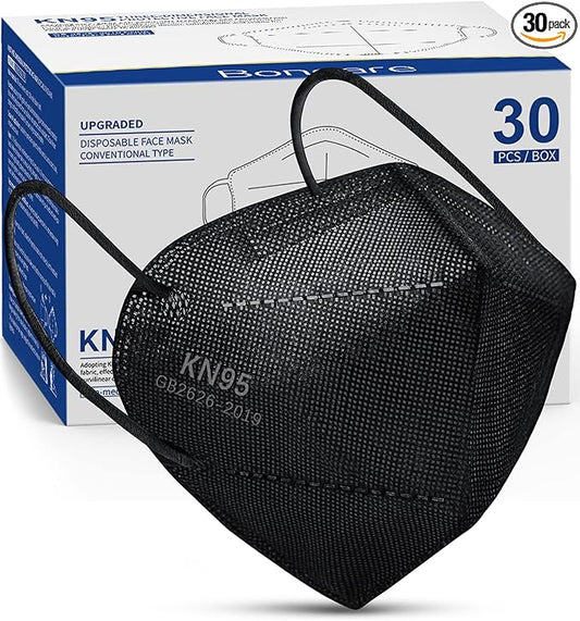 Boncare KN95 Face Mask 30 PCs, 5-Layer Black Face Mask for Men & Women Filter Efficiency≥ 95%, Breathable and Comfortable,...