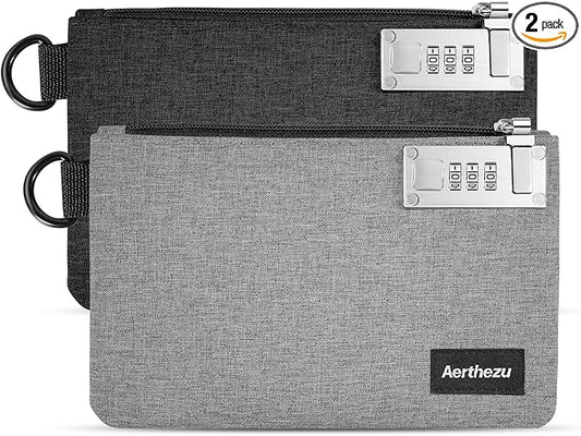 Money Bag with Lock, Aerthezu Cash Locking Bags with Zipper, Travel Safe Lockable Bank Bag, 2 Pack,Black & Grey - Size:5x8...