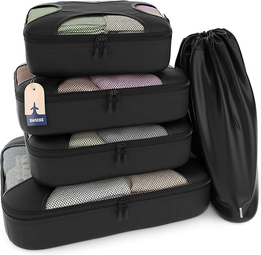 Shacke Premium 5 Packing Cubes Set - Lightweight Mesh Travel Luggage Organizers with Laundry Bag, 5-Piece Suitcase Storage...