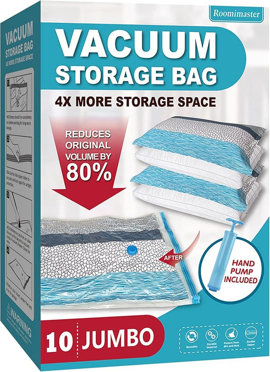 Vacuum Storage Bags, 10 Jumbo Space Saver Bags with Pump, Space Bags, Vacuum Sealer Bags for Clothes, Comforters, Blanket...