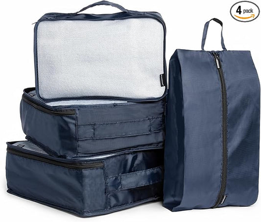 Brookstone 4-Piece Packing Cube Set Apparel Luggage Organizer and Shoe Bag, Travel Essentials, Navy