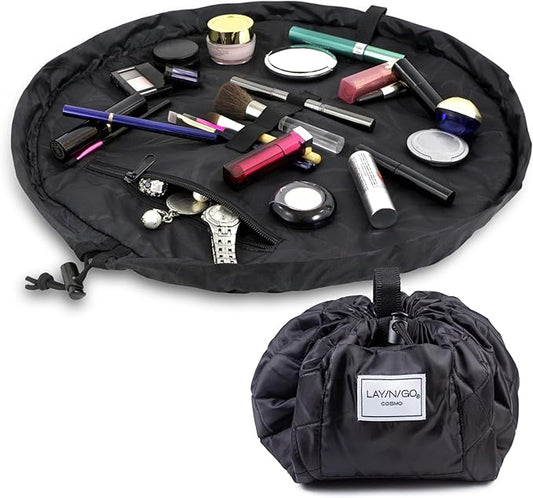 Lay-n-Go Cosmo Layflat Drawstring Cosmetic & Makeup Bag Organizer - Portable Drawstring Bag w/Zipper Pocket, Makeup Loops...
