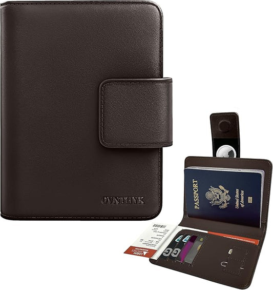 OVNTHYK Passport Holder for Travel - Genuine Leather Passport Holder with Hidden AirTag Pocket, Rfid Blocking Passport Cov...