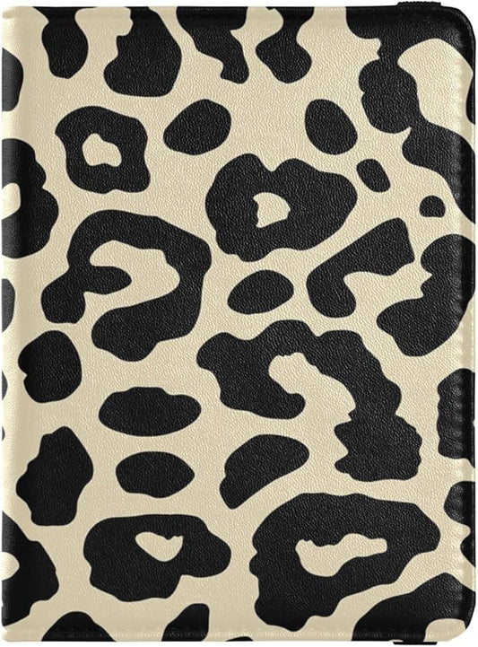 Beige Black Animal Print Leather Passport Holder Vaccine Card Holder Cover Combo Lightweight