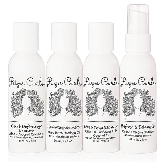 Rizos Curls 4-Step Travel Kit for Curly Hair: Curl Defining Cream, Shampoo, Conditioner, Refresh & Detangle (2 fl oz each)