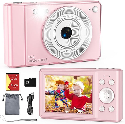 2025 New Digital Camera, 56MP FHD 1080P for Kids with 16x Digital Zoom Anti Shake, Face Detect, Smile Capture, 32GB TF Car...