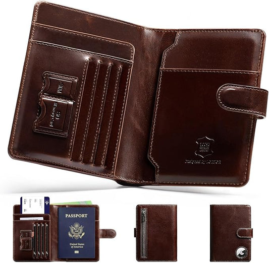 LORZOR Passport Holder for Travel: Full Grain Leather Passport Cover with Airtag Holder Magnetic Buckle for Men - RFID Blo...