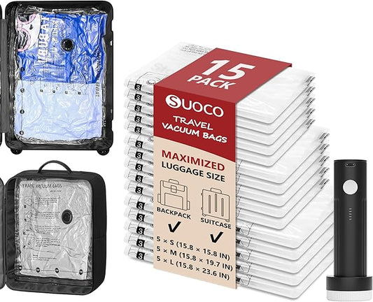 15 Pack Travel Vacuum Storage Bags for Clothing with Rechargeable Electric Pump, Compression Packing Cubes Organizer for L...