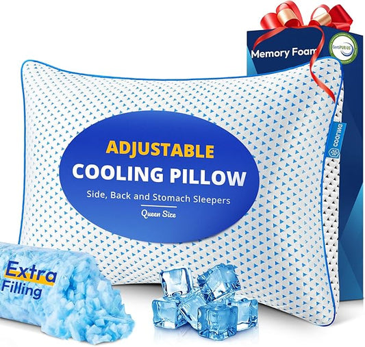 Adjustable Cooling Gel Memory Foam Pillows Queen Size for Sleeping 1 Pack,Thick Firm Bamboo Rayon Shredded Bed Pillow for ...