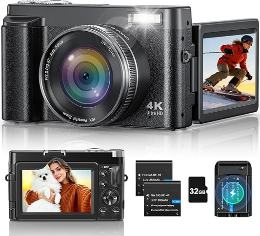 4K Digital Camera for Photography, 48MP Vlogging Camera with Autofocus, Flash, 180° Flip Screen, 16X Zoom, 32GB Card, 2 Ba...