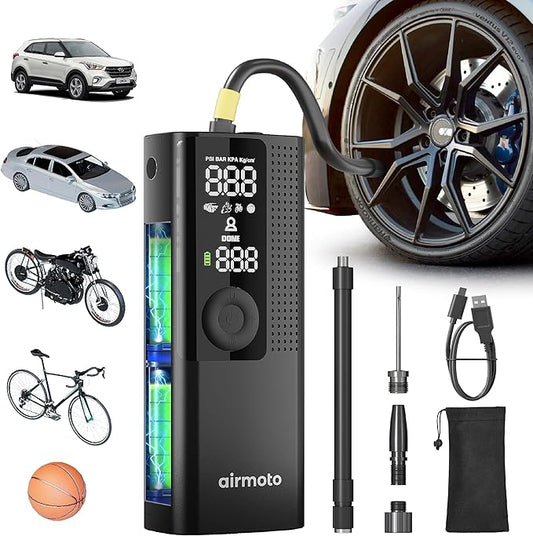 Airmoto Tire Inflator Portable Air Compressor - Air Pump for Car Tires with Digital Pressure Gauge, LED Light and Auto Shu...