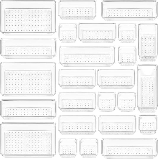 Vtopmart 25 PCS Clear Plastic Drawer Organizers Set, 4-Size Versatile Bathroom and Vanity Drawer Organizer Trays, Storage ...