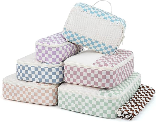 Narwey 7 Set Checkered Packing Cubes for Travel Carry on Suitcase Luggage Organizer Bags for Kids Women Men, Durable Packi...