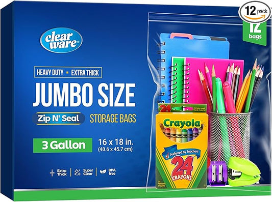 12 Large Storage Bags With Zipper Top - 3 Gallon Size, 16" x 18", Extra Large Plastic for Clothes, Travel, Moving, Large R...