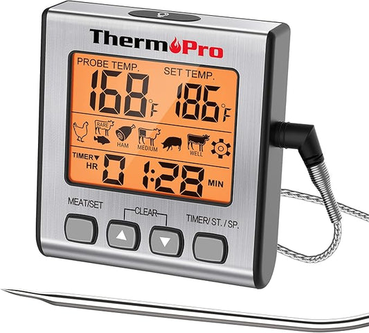 ThermoPro TP16S Digital Meat Thermometer for Cooking and Grilling, BBQ Food Thermometer with Backlight and Kitchen Timer, ...